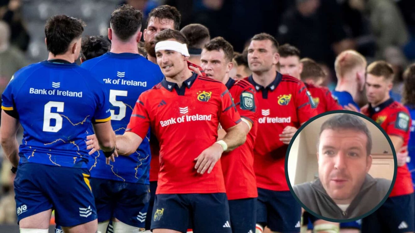 Leinster and Munster players shaking hands, and ex-Munster hooker Mike Sherry (inset).