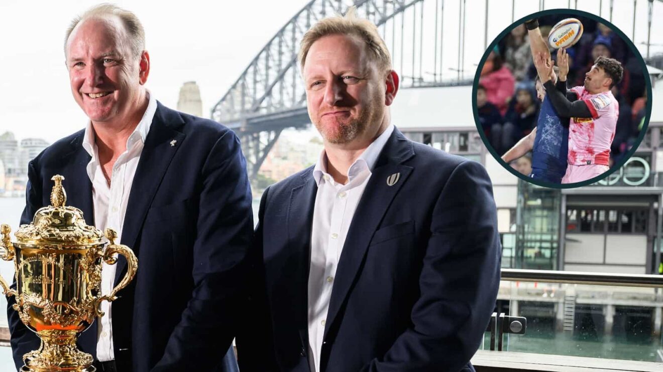 World Rugby chair Brett Robinson and CEO Alan Gilpin, and two players competing for a high ball (inset).
