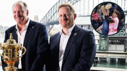 World Rugby chair Brett Robinson and CEO Alan Gilpin, and two players competing for a high ball (inset).