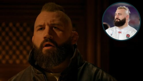 Joe Marler on the BBCs Celebrity Traitors and an inset of him after the 2019 Rugby World Cup final.