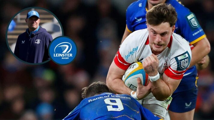 Leinster defending against Ulster in the URC and their senior coach, Jacques Nienaber (inset).