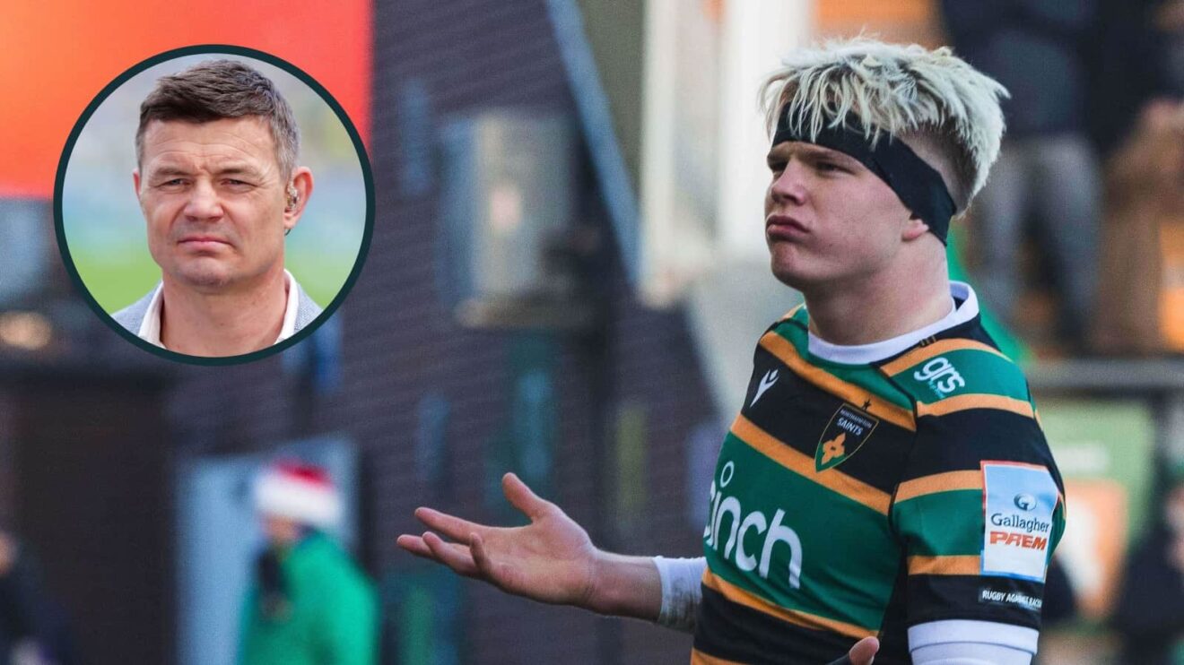 Henry Pollock celebrating try for Northampton Saints and Ireland and Lions legend Brian O'Driscoll (inset).