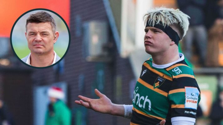 Henry Pollock celebrating try for Northampton Saints and Ireland and Lions legend Brian O'Driscoll (inset).