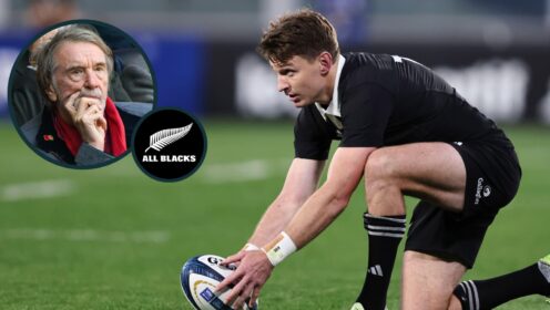 All Blacks pivot Beauden Barrett and an inset of Sir Jim Ratcliffe.