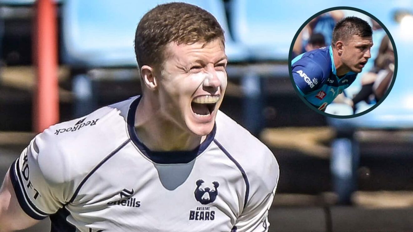 Bristol Bears winger Noah Heward celebrates after he scores a try (INPHO/Christiaan Kotze) and an inset of Bulls fly-half Handre Pollard (INPHO/Willem Loock/EPCR Rugby)