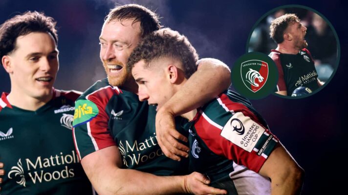 Billy Searle celebrates after scoring a try with Will Wand and Tommy Reffell and an inset of captain Ollie Chessum (INPHO/Tom Maher/EPCR Rugby).