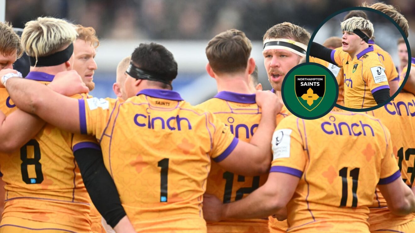A two layered image of Northampton Saints players and Henry Pollock