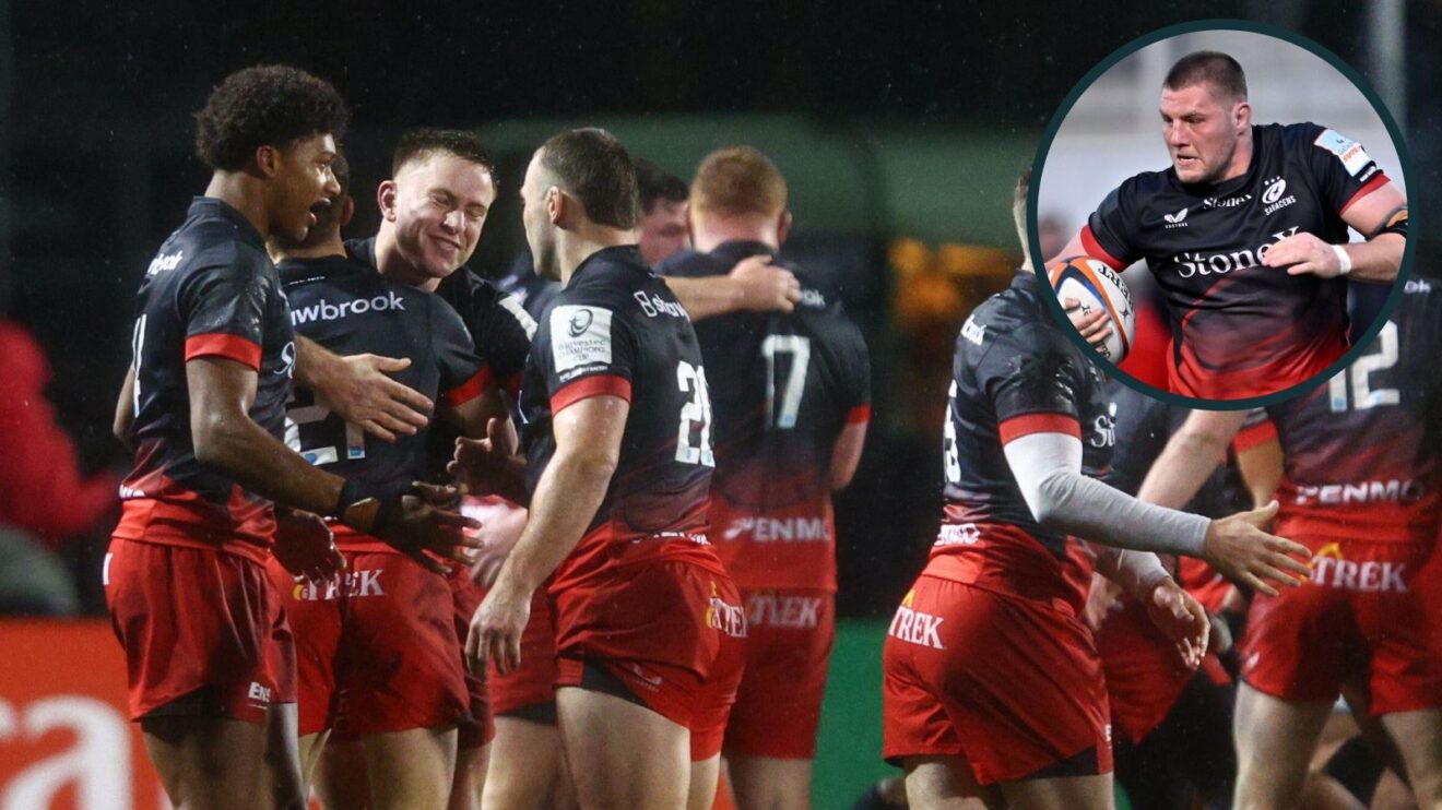 A two layered image of Tom Willis and Saracens players