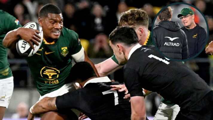 Springboks back Damian Willemse is tackled by All Blacks loose forward Ardie Savea and inset of head coach Rassie Erasmus and Scott Robertson