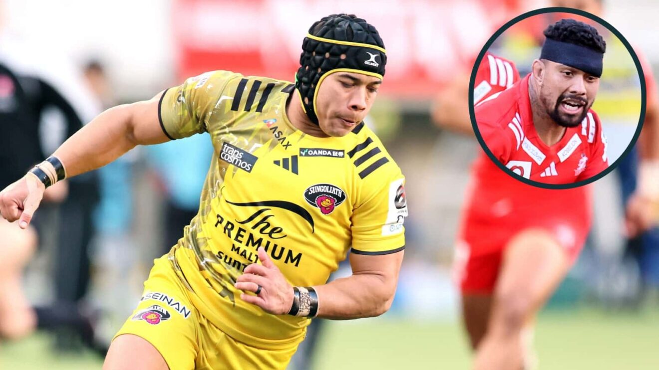 Suntory back Cheslin Kolbe and an inset of Kobe's Ardie Savea.