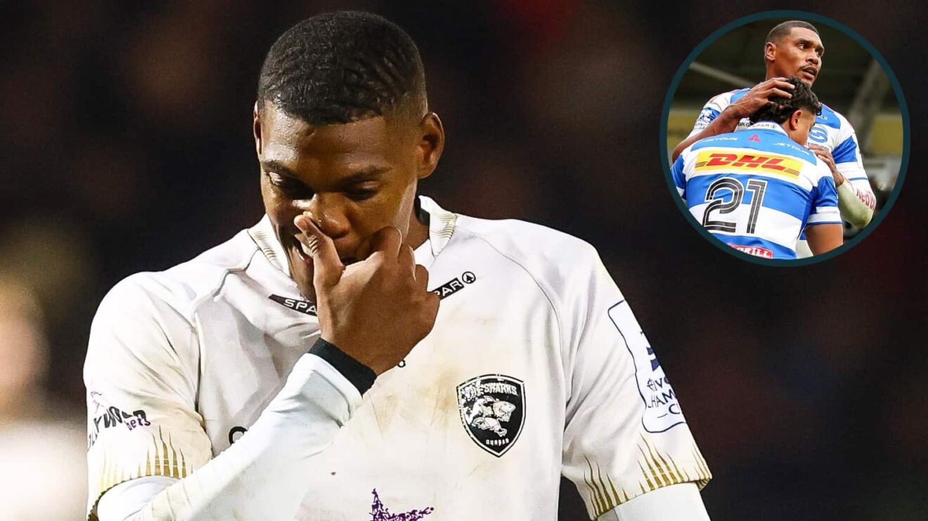 Sharks' Hakeem Kunene (INPHO/Paul Currie) and an inset of Stormers' Imad Khan and Damian Willemse (INPHO/Cat Goryn/EPCR Rugby)