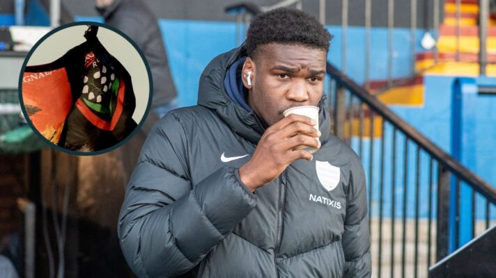 two layer image of Junior Kpoku and a Toulon flag