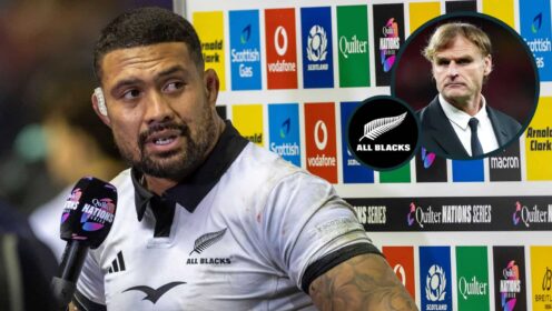 All Blacks star Ardie Savea and an inset of now former head coach Scott Robertson