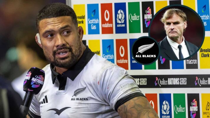 All Blacks star Ardie Savea and an inset of now former head coach Scott Robertson