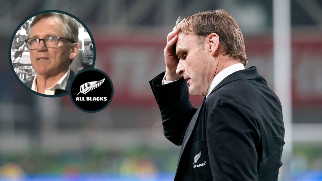 Former All Blacks head coach Scott Robertson and an inset of New Zealand Rugby chairman David Kirk