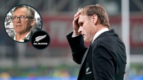 Former All Blacks head coach Scott Robertson and an inset of New Zealand Rugby chairman David Kirk