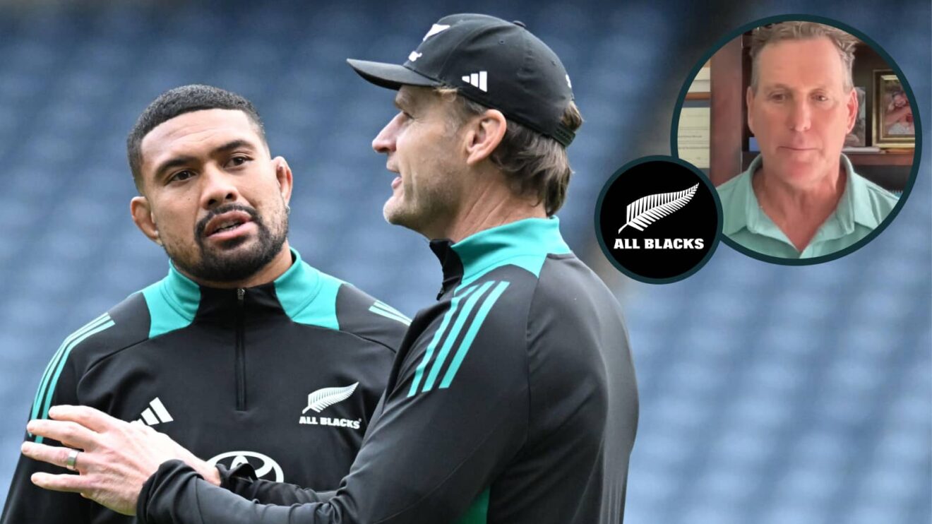 Ardie Savea and former All Blacks head coach Scott Robertson with an inset of Mark Watson.