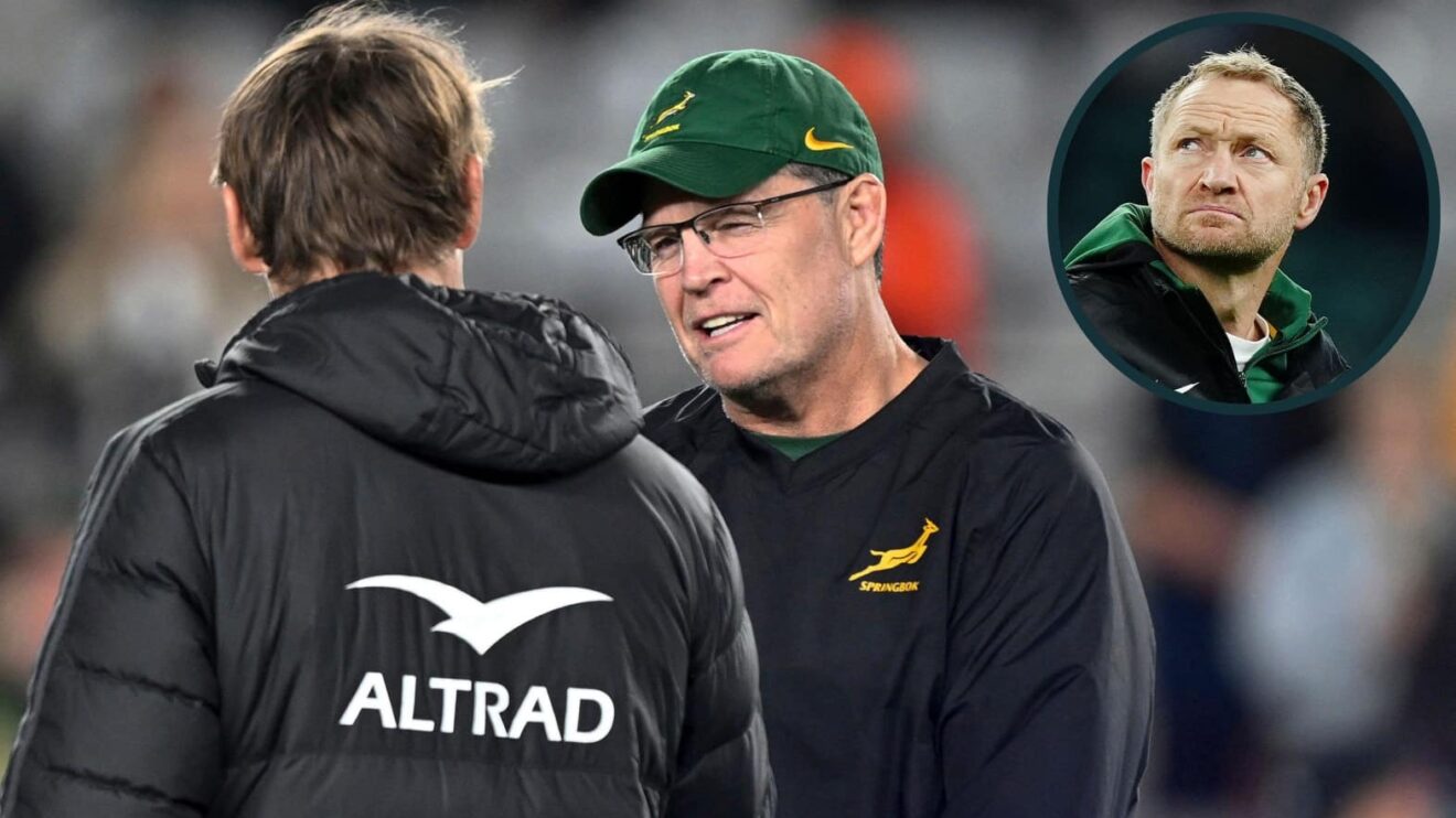 -All Blacks coach Scott Robertson with Rassie Erasmus and an inset of Tony Brown