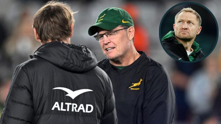 -All Blacks coach Scott Robertson with Rassie Erasmus and an inset of Tony Brown
