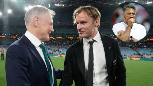 Joe Schmidt and Scott Robertson with an inset of Jamie Joseph.