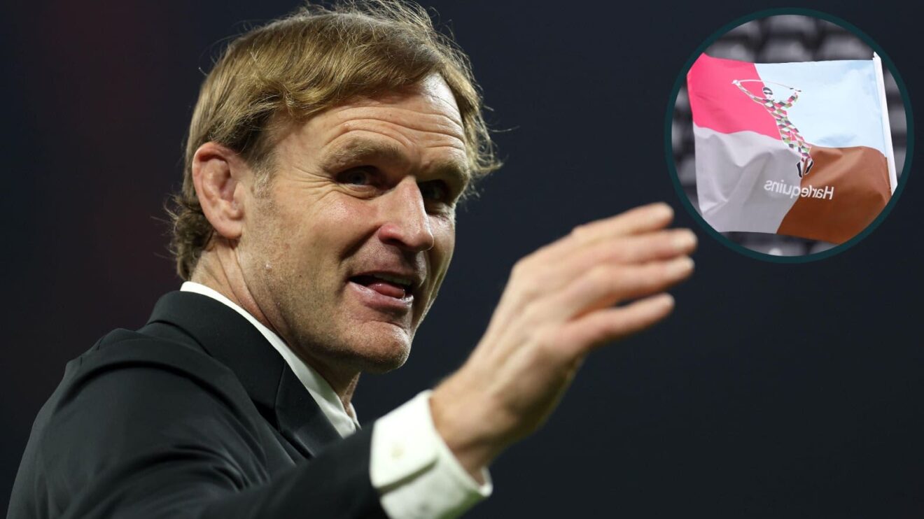 Ex-All Blacks head coach Scott Robertson and an inset of a Harlequins' flag