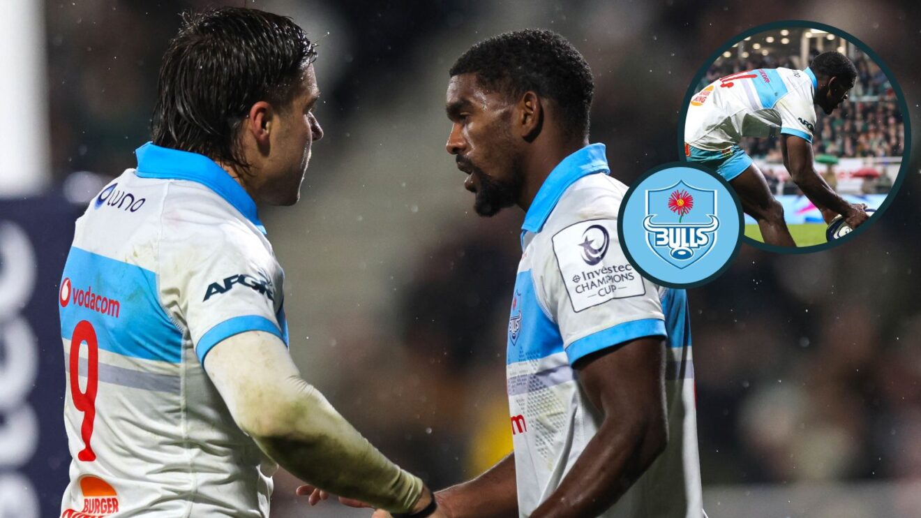 Investec Champions Cup Round 4, Stade du Hameau, Pau, France 16/1/2026 .Pau vs Vodacom Bulls .Vodacom Bulls' Cheswill Jooste celebrates with Zak Burger after scoring his sides third try of the match.Mandatory Credit ©INPHO/Ryan Byrne