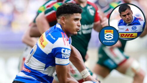 Sacha Feinberg-Mngomezulu of DHL Stormers (Bertram Malgas/ZUMA Press Wire) and an inset of Paul de Villiers (INPHO/Steve Haag Sports/EJ Langner/EPCR Rugby)