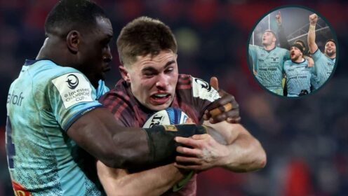 Munster fly-half Jack Crowley and an inset of Castres players celebrating a Champions Cup victory.