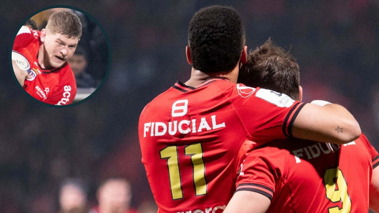 Antoine Dupont celebrates Toulouse try and Jack Willis (inset) in action.