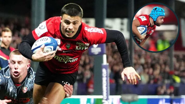 Gael Drean scoring try for Toulon v Gloucester and Zach Mercer (inset) in action.