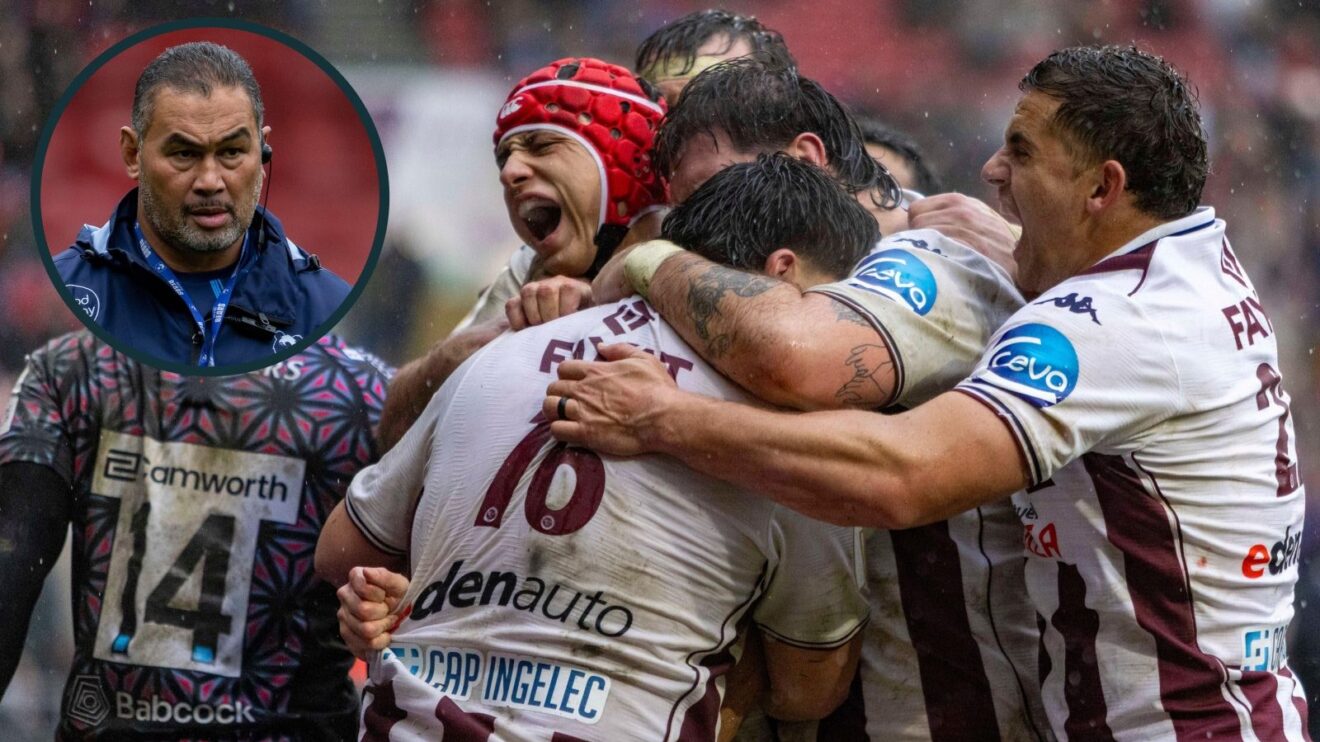 A two layered picture of Bordeaux-Begles players and Pat Lam