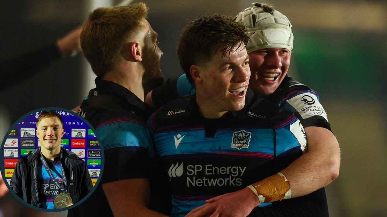 Investec Champions Cup Round 4, Scotstoun Stadium, Glasgow, Scotland 18/1/2026 .Glasgow Warriors vs Saracens .Glasgow Warriors' Kyle Steyn celebrates scoring his sides second try of the match with Huw Jones and Gregor Hiddleston.Mandatory Credit ©INPHO/Paul Currie