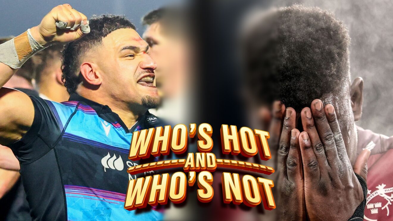 two layer image featuring Glasgow's Sione Tuipulotu and Munster's Edwin Edogbo