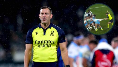 Referee Karl Dickson and an inset of the maul before Akker van der Merwe's try Credit ©INPHO/Ryan Byrne/EPCR Rugby.