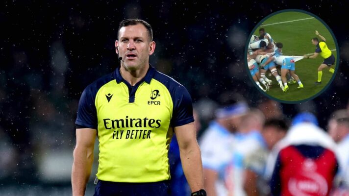 Referee Karl Dickson and an inset of the maul before Akker van der Merwe's try Credit ©INPHO/Ryan Byrne/EPCR Rugby.