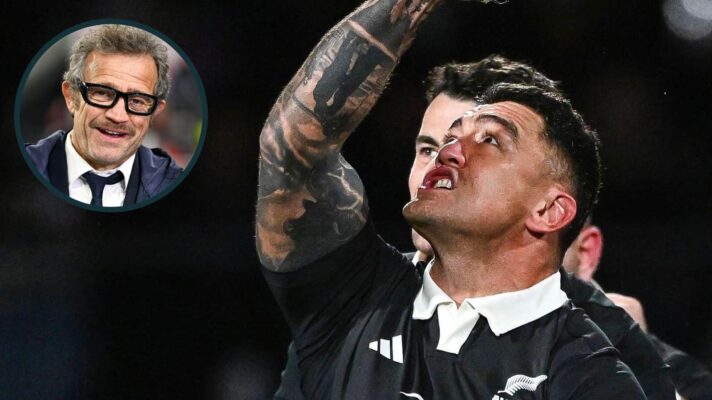 All Blacks hooker Codie Taylor and an inset of France boss Fabien Galthie.