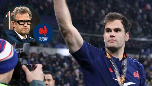 France winger Damian Penaud and an inset of head coach Fabien Galthie.