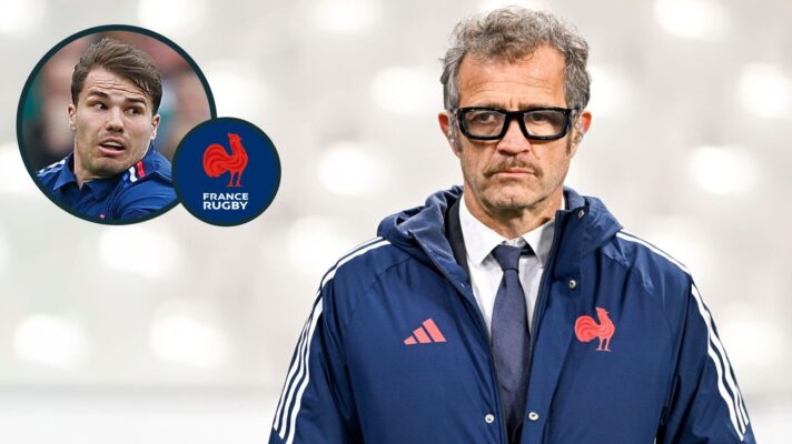 A two layered image of Fabien Galthie and Antoine Dupont