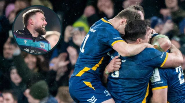 Leinster and Glasgow Warriors (inset) celebrating tries in the Investec Champions Cup.