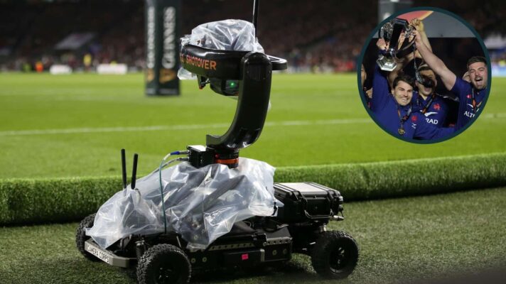 A remote control TV camera during the Six Nations and an inset of Antoine Dupont and Gregory Alldritt with the trophy.