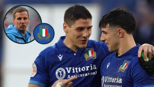 Juan Ignacio Brex and Tommaso Menoncello with an inset of Italy head coach Gonzalo Quesada.