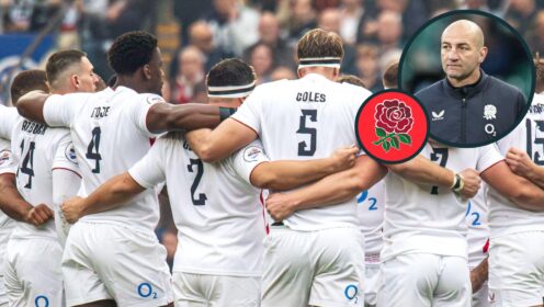 A two layered image of England players and Steve Borthwick