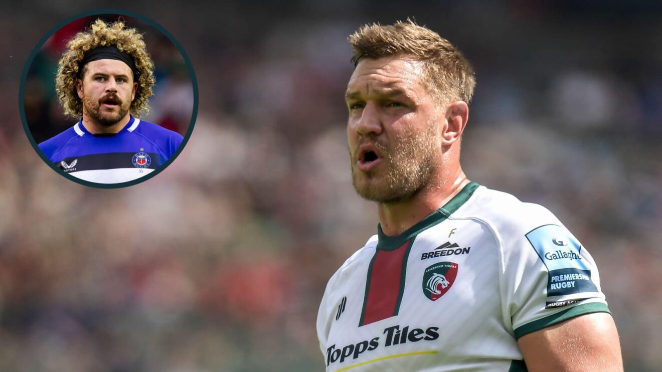 Leicester Tigers forward Hanro Liebenberg and an inset of Bath's Alfie Barbeary.