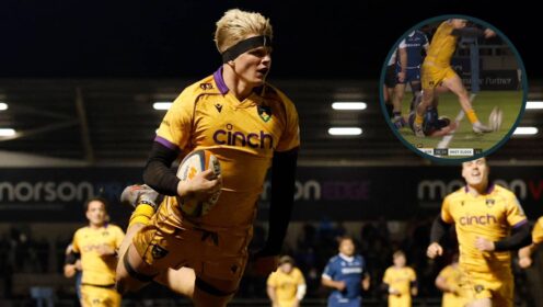 Northampton Saints flanker Henry Pollock and an inset of Tommy Freeman kicking the ball.
