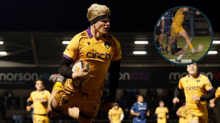 Northampton Saints flanker Henry Pollock and an inset of Tommy Freeman kicking the ball.