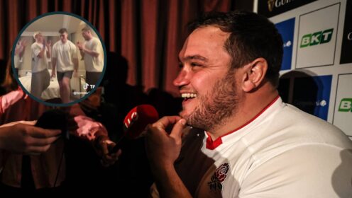 Jamie George at the Six Nations launch (via Inpho photography) and an inset of England players doing a TikTok dance).