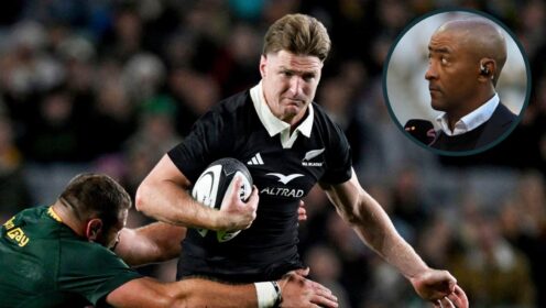 Springboks prop Thomas du Toit tackles Jordie Barrett and an inset of Wallabies legend George Gregan.