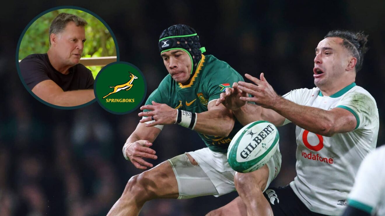 Cheslin Kolbe and James Lowe compete for possession of the ball and an inset of Springboks head coach Rassie Erasmus.