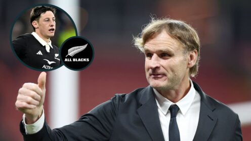 Former All Blacks head coach Scott Robertson and star scrum-half Cam Roigard (inset).