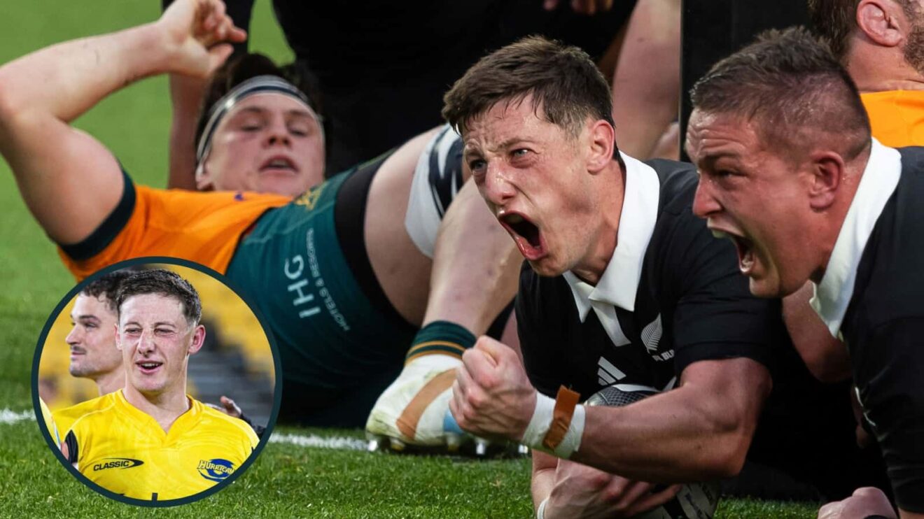 Cam Roigard in action for the All Blacks and Hurricanes (inset) in 2025.